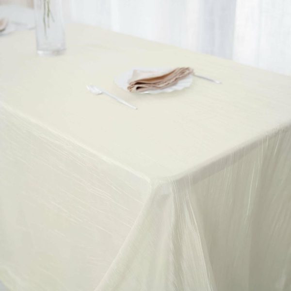 Taffeta & Velvet |  90″x156″ Ivory Accordion Crinkle Taffeta Seamless Rectangular Tablecloth for 8 Foot Table With Floor-Length Drop