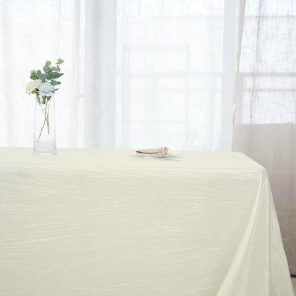 Taffeta & Velvet |  90″x156″ Ivory Accordion Crinkle Taffeta Seamless Rectangular Tablecloth for 8 Foot Table With Floor-Length Drop