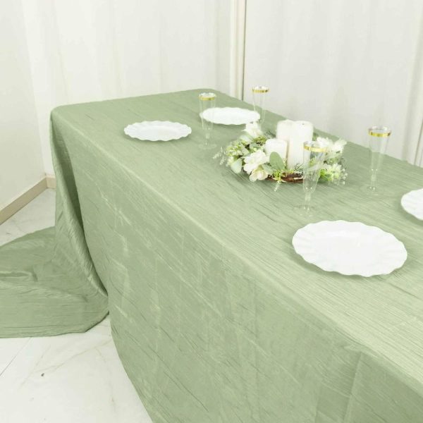 Taffeta & Velvet |  90″x156″ Sage Green Accordion Crinkle Taffeta Seamless Rectangular Tablecloth for 8 Foot Table With Floor-Length Drop