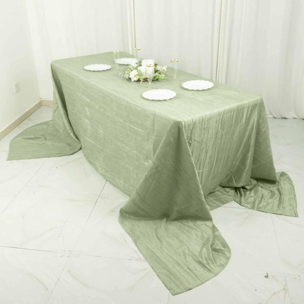 Taffeta & Velvet |  90″x156″ Sage Green Accordion Crinkle Taffeta Seamless Rectangular Tablecloth for 8 Foot Table With Floor-Length Drop