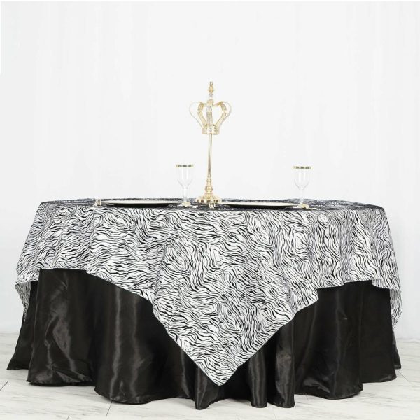 Taffeta & Velvet |  90″x90″ Black and White Tiger Print Taffeta Square Table Overlay, Jungle Theme Party Decoration