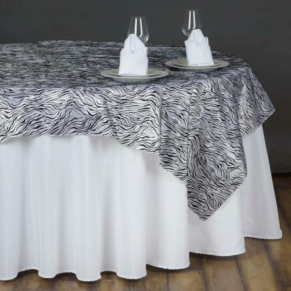 Taffeta & Velvet |  90″x90″ Black and White Tiger Print Taffeta Square Table Overlay, Jungle Theme Party Decoration