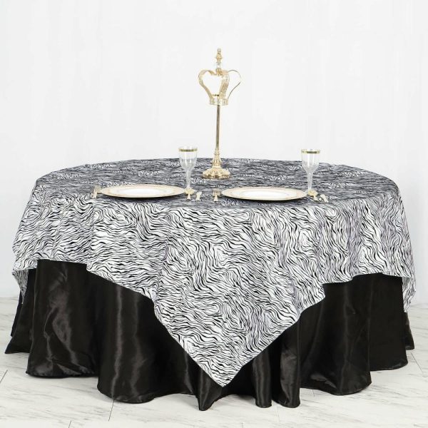 Taffeta & Velvet |  90″x90″ Black and White Tiger Print Taffeta Square Table Overlay, Jungle Theme Party Decoration