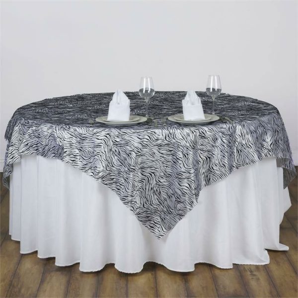 Taffeta & Velvet |  90″x90″ Black and White Tiger Print Taffeta Square Table Overlay, Jungle Theme Party Decoration