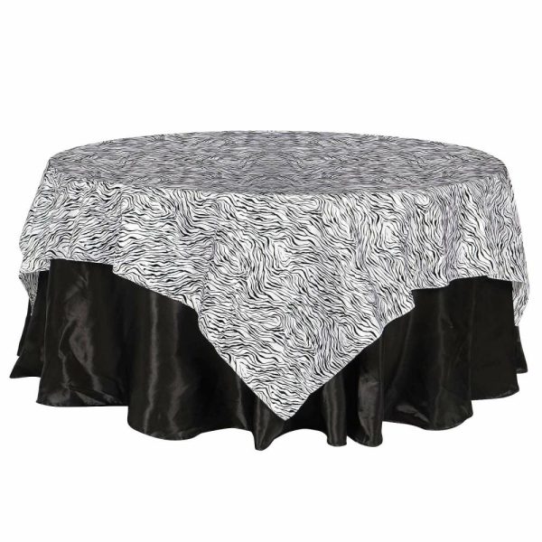 Taffeta & Velvet |  90″x90″ Black and White Tiger Print Taffeta Square Table Overlay, Jungle Theme Party Decoration