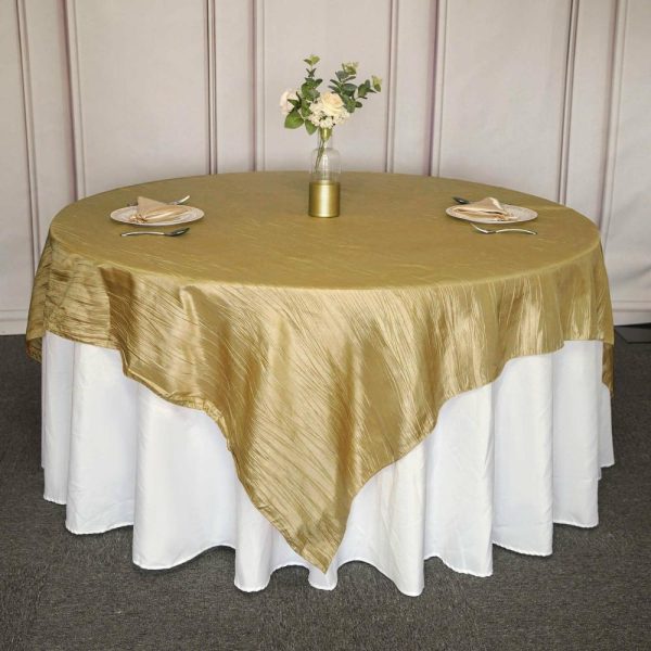 Taffeta & Velvet |  90″x90″ Gold Accordion Crinkle Taffeta Square Table Overlay