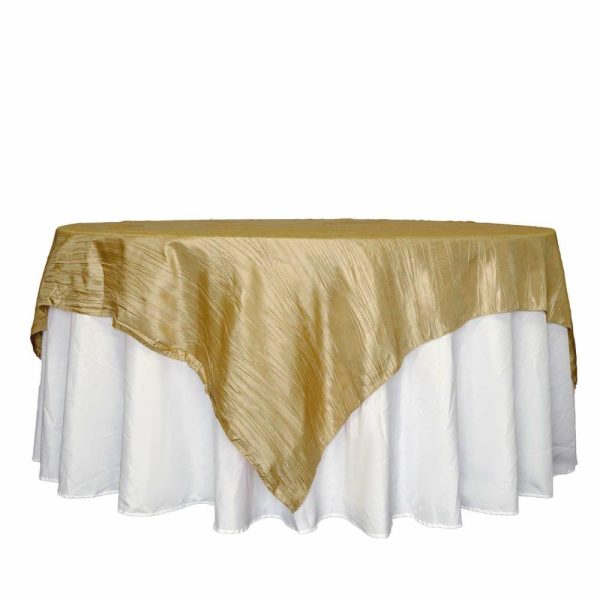 Taffeta & Velvet |  90″x90″ Gold Accordion Crinkle Taffeta Square Table Overlay