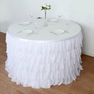 Tulle & Curly Willow |  14ft 5-Tier White Chiffon Ruffled Tutu Wedding Table Skirt with Satin Backing