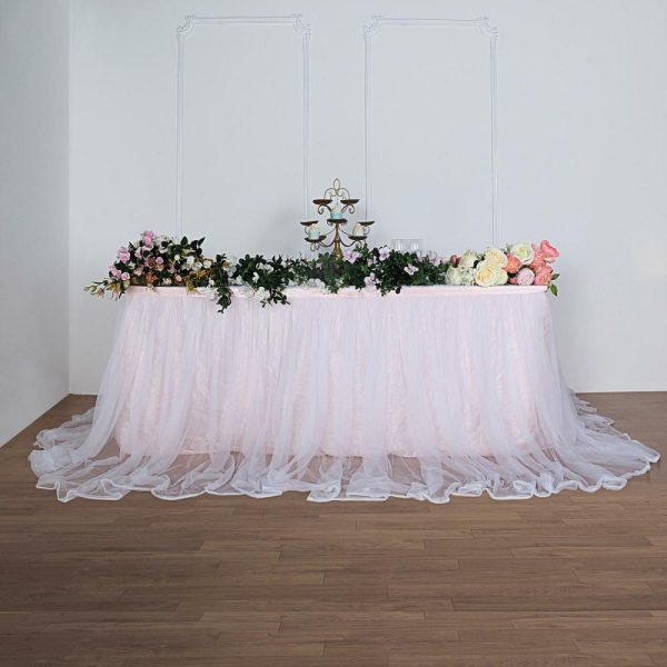 Tulle & Curly Willow |  14ft Blush White Extra Long 48″ Two Layered Tulle and Satin Table Skirt