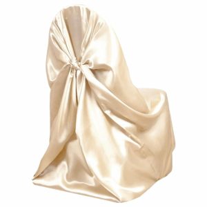 Universal Covers & Cushions |  Beige Satin Self-Tie Universal Chair Cover, Folding, Dining, Banquet and Standard Size Chair Cover