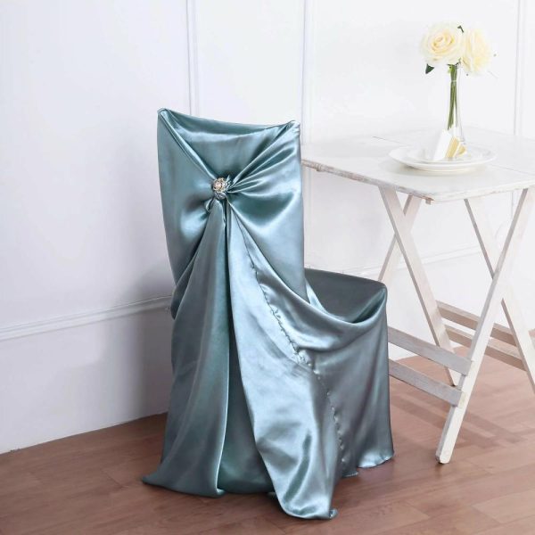 Universal Covers & Cushions |  Dusty Blue Satin Self-Tie Universal Chair Cover, Folding, Dining, Banquet and Standard Size Chair Cover