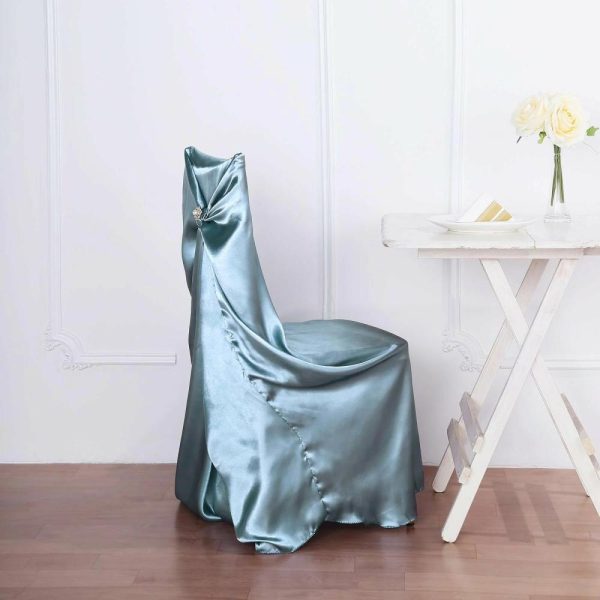 Universal Covers & Cushions |  Dusty Blue Satin Self-Tie Universal Chair Cover, Folding, Dining, Banquet and Standard Size Chair Cover