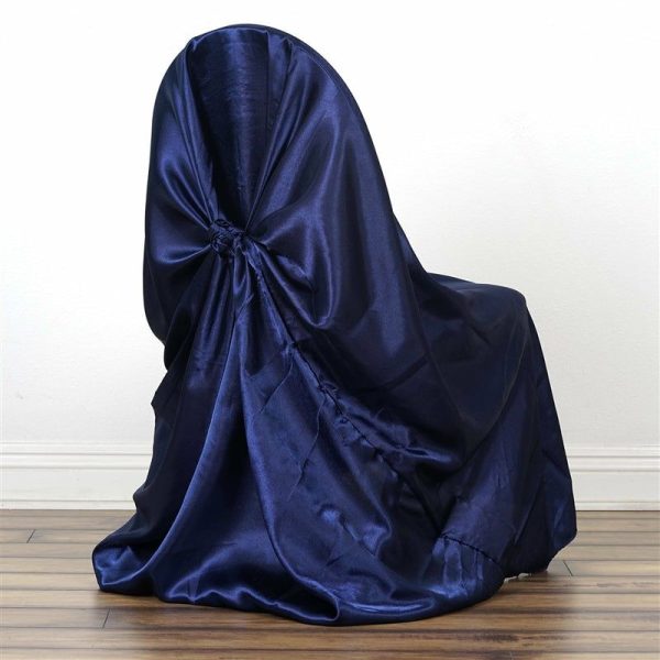 Universal Covers & Cushions |  Navy Blue Satin Self-Tie Universal Chair Cover, Folding, Dining, Banquet and Standard Size Chair Cover