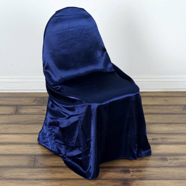 Universal Covers & Cushions |  Navy Blue Satin Self-Tie Universal Chair Cover, Folding, Dining, Banquet and Standard Size Chair Cover