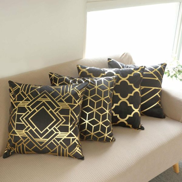 Universal Covers & Cushions |  Set Of 4 18″ Black Gold Foil Geometric Print Throw Pillow Covers, Velvet Square Sofa Cushion Covers