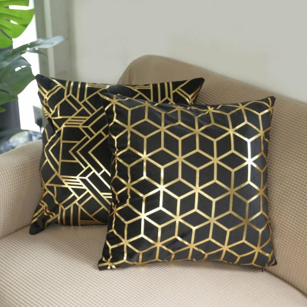 Universal Covers & Cushions |  Set Of 4 18″ Black Gold Foil Geometric Print Throw Pillow Covers, Velvet Square Sofa Cushion Covers