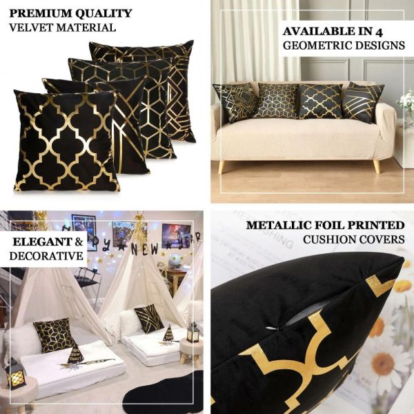 Universal Covers & Cushions |  Set Of 4 18″ Black Gold Foil Geometric Print Throw Pillow Covers, Velvet Square Sofa Cushion Covers