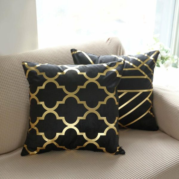 Universal Covers & Cushions |  Set Of 4 18″ Black Gold Foil Geometric Print Throw Pillow Covers, Velvet Square Sofa Cushion Covers