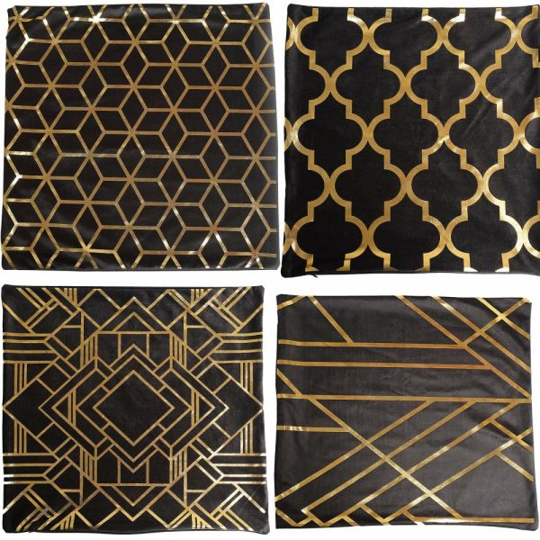 Universal Covers & Cushions |  Set Of 4 18″ Black Gold Foil Geometric Print Throw Pillow Covers, Velvet Square Sofa Cushion Covers