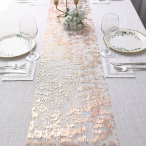 Velvet & Stylish Runners |  108″ Metallic Rose Gold Foil Thin Mesh Polyester Table Runner – 25GSM