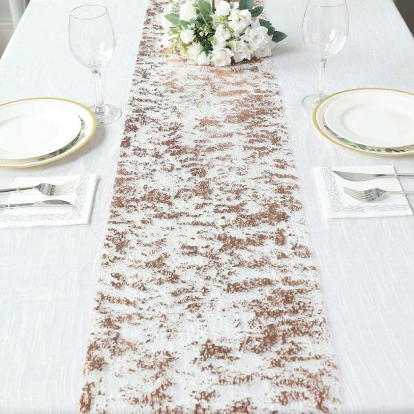 Velvet & Stylish Runners |  108″ Metallic Rose Gold Foil Thin Mesh Polyester Table Runner – 25GSM