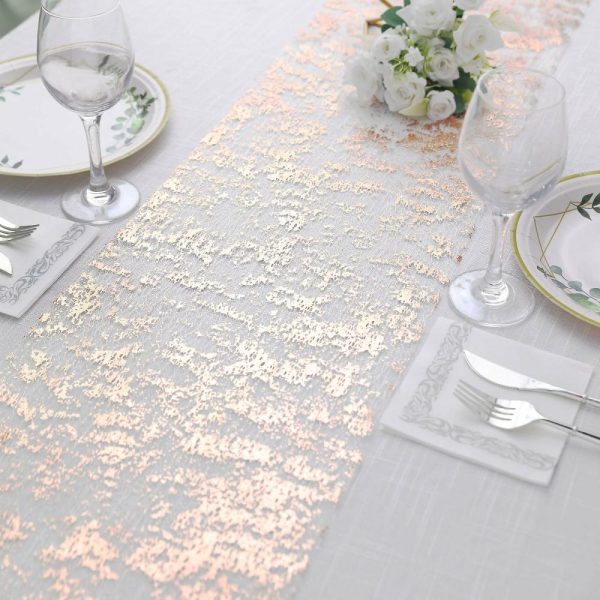 Velvet & Stylish Runners |  108″ Metallic Rose Gold Foil Thin Mesh Polyester Table Runner – 25GSM