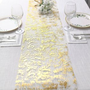 Velvet & Stylish Runners |  108″ Sparkly Metallic Gold Foil Thin Mesh Polyester Table Runner – 25GSM