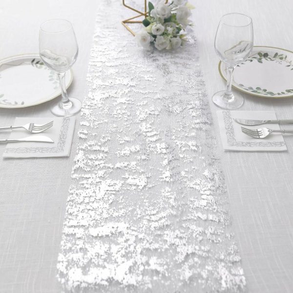 Velvet & Stylish Runners |  108″ Sparkly Metallic Silver Foil Thin Mesh Polyester Table Runner – 25GSM