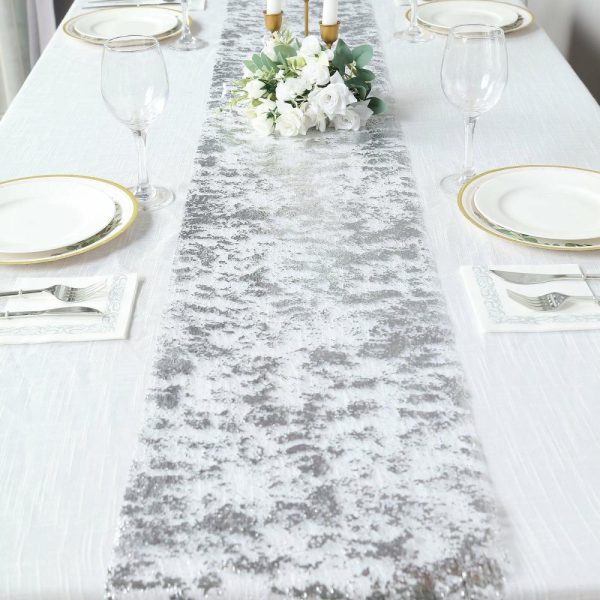 Velvet & Stylish Runners |  108″ Sparkly Metallic Silver Foil Thin Mesh Polyester Table Runner – 25GSM