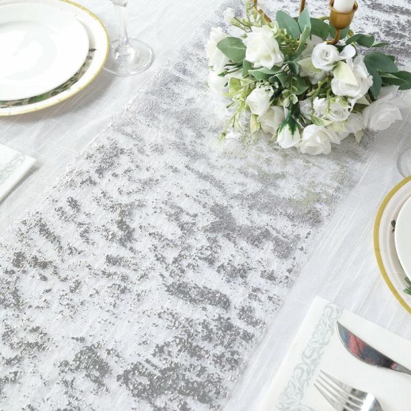 Velvet & Stylish Runners |  108″ Sparkly Metallic Silver Foil Thin Mesh Polyester Table Runner – 25GSM