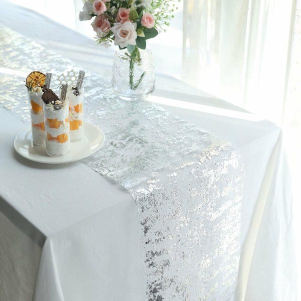 Velvet & Stylish Runners |  108″ Sparkly Metallic Silver Foil Thin Mesh Polyester Table Runner – 25GSM