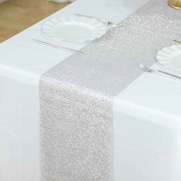 Velvet & Stylish Runners |  10″x108″ Silver Diamond Rhinestone Mesh Table Runner, Crystal Rhinestone Ribbon Bling Roll