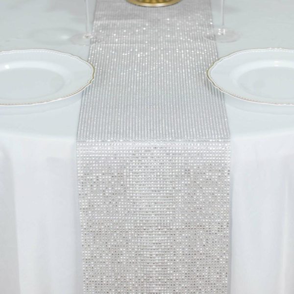 Velvet & Stylish Runners |  10″x108″ Silver Diamond Rhinestone Mesh Table Runner, Crystal Rhinestone Ribbon Bling Roll