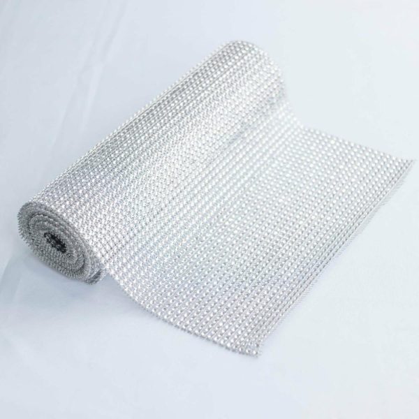 Velvet & Stylish Runners |  10″x108″ Silver Diamond Rhinestone Mesh Table Runner, Crystal Rhinestone Ribbon Bling Roll