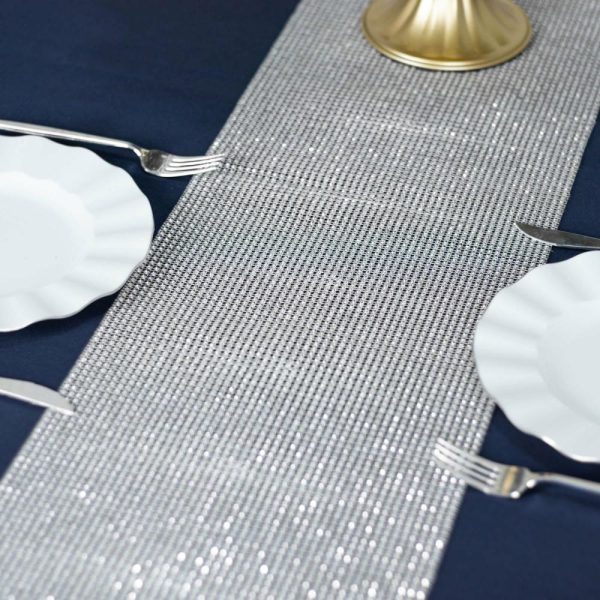 Velvet & Stylish Runners |  10″x108″ Silver Diamond Rhinestone Mesh Table Runner, Crystal Rhinestone Ribbon Bling Roll