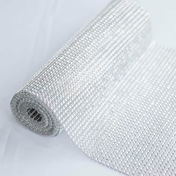 Velvet & Stylish Runners |  10″x108″ Silver Diamond Rhinestone Mesh Table Runner, Crystal Rhinestone Ribbon Bling Roll