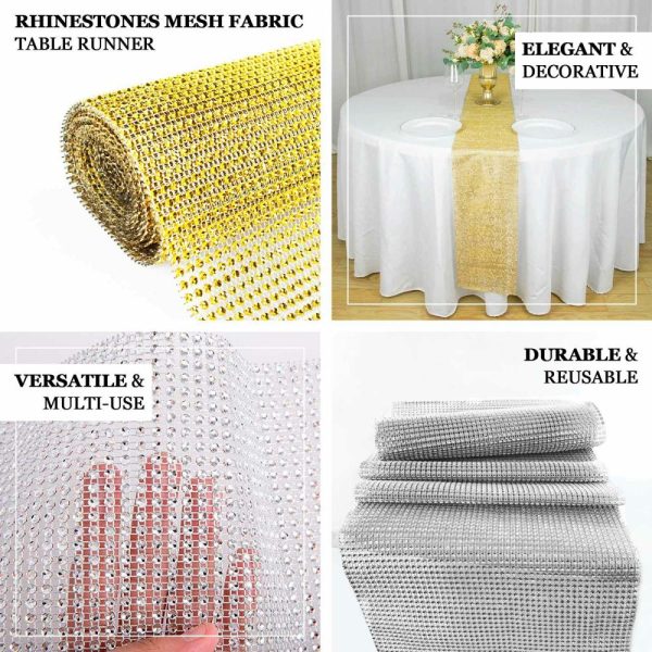 Velvet & Stylish Runners |  10″x108″ Silver Diamond Rhinestone Mesh Table Runner, Crystal Rhinestone Ribbon Bling Roll