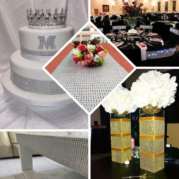 Velvet & Stylish Runners |  10″x108″ Silver Diamond Rhinestone Mesh Table Runner, Crystal Rhinestone Ribbon Bling Roll