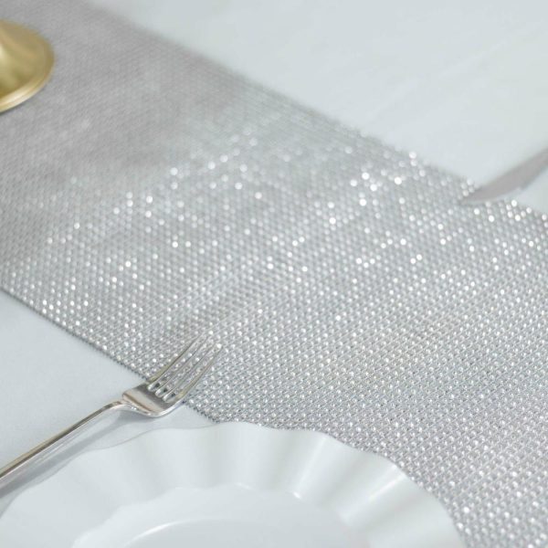 Velvet & Stylish Runners |  10″x108″ Silver Diamond Rhinestone Mesh Table Runner, Crystal Rhinestone Ribbon Bling Roll