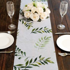 Velvet & Stylish Runners |  11″x108″ White Green Non-Woven Olive Leaves Print Table Runner, Spring Summer Kitchen Dining Table Decoration