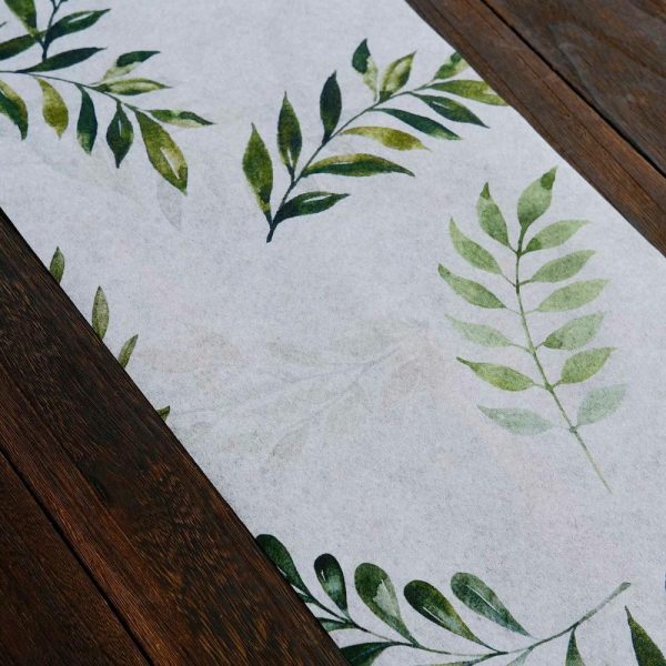 Velvet & Stylish Runners |  11″x108″ White Green Non-Woven Olive Leaves Print Table Runner, Spring Summer Kitchen Dining Table Decoration