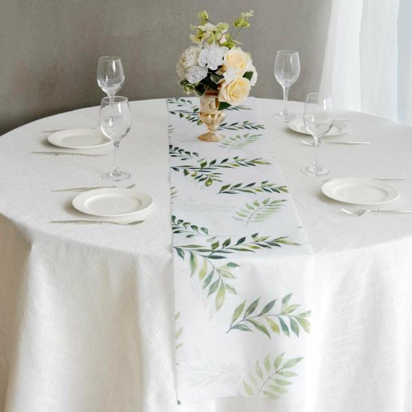 Velvet & Stylish Runners |  11″x108″ White Green Non-Woven Olive Leaves Print Table Runner, Spring Summer Kitchen Dining Table Decoration