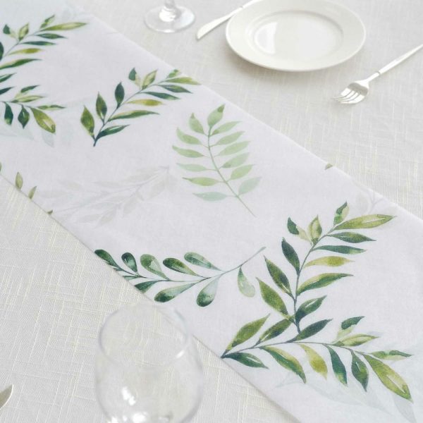 Velvet & Stylish Runners |  11″x108″ White Green Non-Woven Olive Leaves Print Table Runner, Spring Summer Kitchen Dining Table Decoration