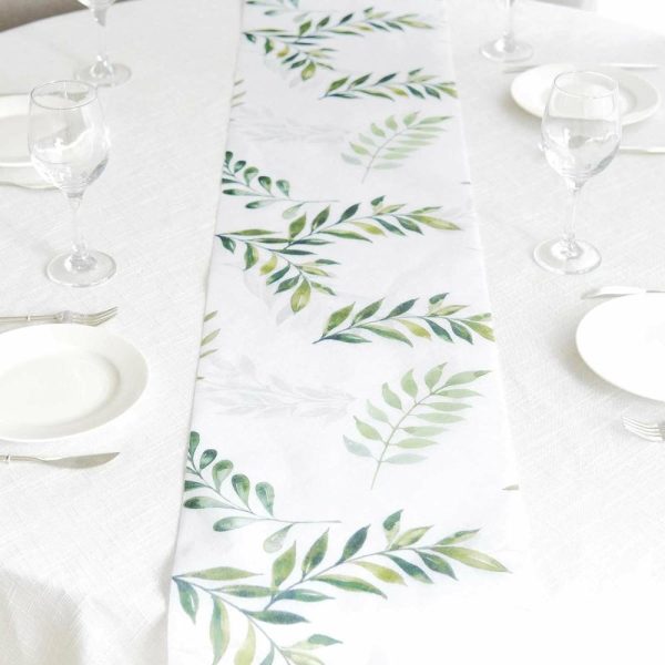 Velvet & Stylish Runners |  11″x108″ White Green Non-Woven Olive Leaves Print Table Runner, Spring Summer Kitchen Dining Table Decoration