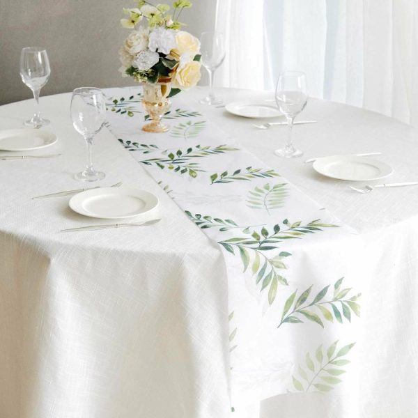 Velvet & Stylish Runners |  11″x108″ White Green Non-Woven Olive Leaves Print Table Runner, Spring Summer Kitchen Dining Table Decoration