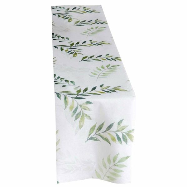 Velvet & Stylish Runners |  11″x108″ White Green Non-Woven Olive Leaves Print Table Runner, Spring Summer Kitchen Dining Table Decoration