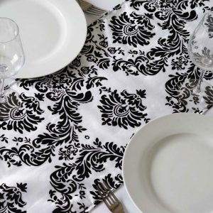 Velvet & Stylish Runners |  12″x108″ Black Taffeta Damask Flocking Table Runner