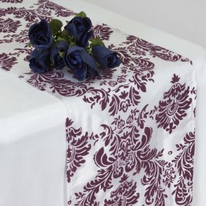 Velvet & Stylish Runners |  12″x108″ Eggplant Taffeta Damask Flocking Table Runner