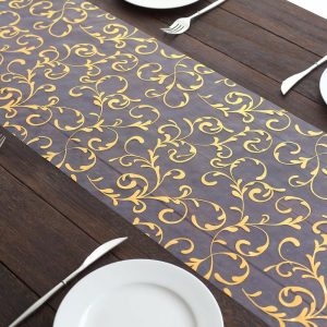 Velvet & Stylish Runners |  12″x108″ Metallic Gold Sheer Organza Table Runner with Embossed Foil Flower Design