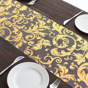 Velvet & Stylish Runners |  12″x108″ Metallic Gold Sheer Organza Table Runner with Swirl Foil Flower Design